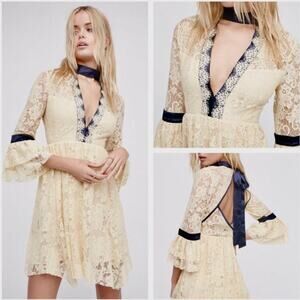 Free People Ivory Lace Mini Dress with Dark Blue Trim